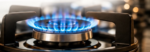 Gas stove burner running a clean blue flame after professional repair
